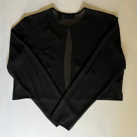 2000's Liz Claiborne Sheer Black & White Rose Embroidered Long Sleeve Blouse - Picture 3 of 6